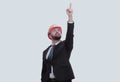 businessman in a helmet pointing up at a copy space Royalty Free Stock Photo