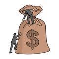 Businessman help his friednd to go up to the money bag vector illustration sketch doodle hand drawn with black lines isolated on Royalty Free Stock Photo