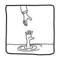 Businessman helping drowning man in sea vector illustration sketch doodle hand drawn with black lines isolated on white background