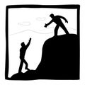Businessman helping each other hike up mountain vector illustration with black lines isolated on white background.