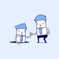 Businessman helping his friend by take him out from the hole. Cartoon character thin line style vector.