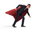 A businessman in a hero red cape and a mask standing in a side view in a starting line position on white background.