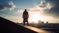 Businessman Hero standing on the roof of a skyscraper and looking over the city at sunset Royalty Free Stock Photo