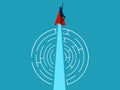 Businessman hero takes a shortcut through a circular maze. Simple ideas that are effective in solving difficult problems
