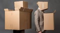 Businessman hidden inside boxes, man hide her face inside cardboard