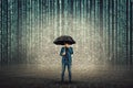 Businessman hiding face standing under umbrella shield to protect of internet viruses as matrix code numbers falling above like a