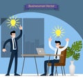 Businessman and his boss discussing and find solution and work successful in the office with symbolic bulb above their head.
