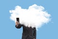 Businessman with his head in the clouds consulting with the mobile the economic crisis on blue background. Surreal concept Royalty Free Stock Photo