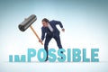 Businessman hitting the word impossible with hammer