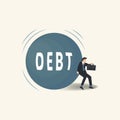 Businessman hold back the big debt ball. Debt and financial controlling illustration