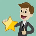 Businessman hold a big gold star. Victory, rating.