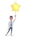 Businessman hold a big gold star. Victory, rating.