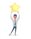 Businessman hold a big gold star. Victory, rating.