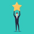 Businessman hold a big gold star. Victory, rating. Vector, illustration, flat.