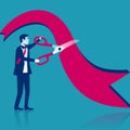 Businessman is hold big scissors cutting red ribbon. Vector flat. Royalty Free Stock Photo