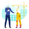 Businessman hold blueprint document with drawing building structure handshake engineer flat  illustration Royalty Free Stock Photo