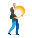 Businessman hold carry creative idea light bulb, male character inspiration brainstorming cartoon vector illustration Royalty Free Stock Photo