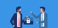 Businessman hold case padlock security GDPR General Data Protection Regulation concept flat horizontal blue background