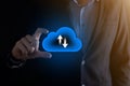 Businessman hold cloud icon.Cloud computing concept - connect smart phone to cloud. computing network information technologist Royalty Free Stock Photo