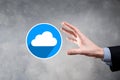 Businessman hold cloud icon.Cloud computing concept - connect smart phone to cloud. computing network information technologist Royalty Free Stock Photo