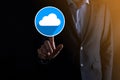 Businessman hold cloud icon.Cloud computing concept - connect smart phone to cloud. computing network information technologist Royalty Free Stock Photo