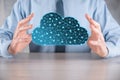 Businessman hold cloud icon.Cloud computing concept - connect smart phone to cloud. computing network information technologist Royalty Free Stock Photo