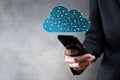 Businessman hold cloud icon.Cloud computing concept - connect smart phone to cloud. computing network information technologist Royalty Free Stock Photo