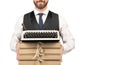 businessman hold folder heap. modern business. copy space. cropped man preparing project.