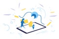 Businessman hold folder tablet online synchronization data privacy information concept database horizontal banner sketch