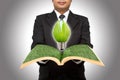 Businessman hold green light bulb