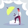 Businessman hold green umbrella colorful risk crisis protection concept cartoon character full length flat