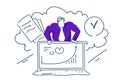 Businessman hold laptop financial graph arrow up concept online consultant man colored silhouette sketch doodle