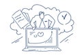 Businessman hold laptop financial graph arrow up concept online consultant man silhouette sketch doodle horizontal