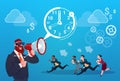 Businessman Hold Megaphone Business People Group Run Clock Businesspeople Time Deadline Concept