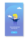 Businessman hold megaphone leader advertising announcement concept business man speaker candidate flat vertical copy