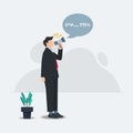 Businessman hold megaphone with long nose. Lying or hoax speak concept vector illustration