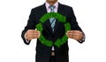 Businessman hold Recycle symbol Green Grass Eco Environment forest Mountain Royalty Free Stock Photo