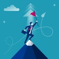 Businessman hold red flag on top of mountain. Vector flat.