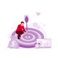 Businessman holding an arrow hitting center of the target of the dartboard. Concept of business success.