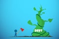 Businessman holding axe to cut giant beanstalk, debt and business concept