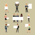 Businessman holding banner business woman character holds white banner or empty poster illustration set of team standing Royalty Free Stock Photo