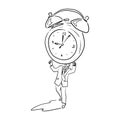 Businessman holding big clock over his head vector illustration sketch doodle hand drawn with black lines isolated on white Royalty Free Stock Photo