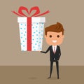 Businessman holding big gift box with ribbon. Discount, sales