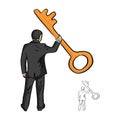 businessman holding big golden key with one hand vector illustration sketch doodle hand drawn with black lines isolated on white Royalty Free Stock Photo