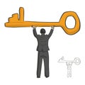 businessman holding big golden key over his head vector illustration sketch doodle hand drawn with black lines isolated on white Royalty Free Stock Photo