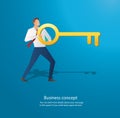 Businessman holding the big key into keyhole