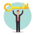 Businessman holding big key for a problem solution