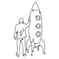 Businessman holding big rocket made from arrows vector illustration sketch doodle hand drawn with black lines isolated on white Royalty Free Stock Photo