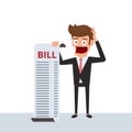 Businessman holding bills feels headache and worries about paying a lot of bills. Businessman no money. Debt concept.