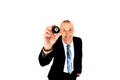 Businessman holding black billiard ball Royalty Free Stock Photo